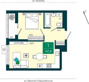 1-к квартира, вторичка, 42м2, 5/9 этаж