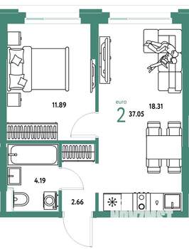 2-к квартира, вторичка, 37м2, 4/25 этаж