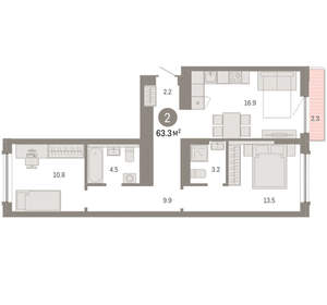 2-к квартира, вторичка, 63м2, 5/8 этаж