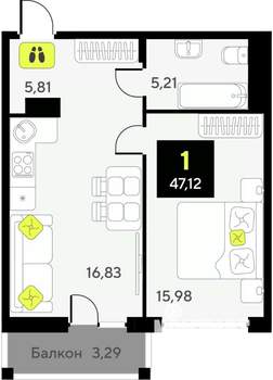 1-к квартира, вторичка, 47м2, 3/9 этаж