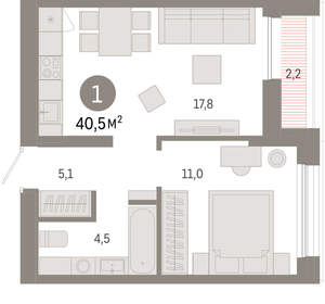 1-к квартира, вторичка, 40м2, 8/17 этаж