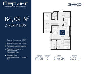 2-к квартира, вторичка, 64м2, 2/24 этаж