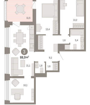 3-к квартира, вторичка, 89м2, 6/8 этаж