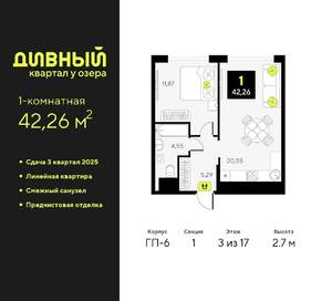 1-к квартира, вторичка, 42м2, 3/17 этаж