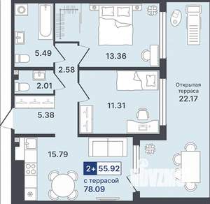 2-к квартира, строящийся дом, 56м2, 1/8 этаж