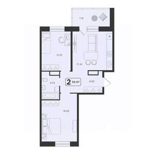 2-к квартира, строящийся дом, 60м2, 16/23 этаж