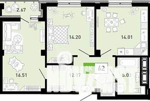 2-к квартира, строящийся дом, 62м2, 21/21 этаж