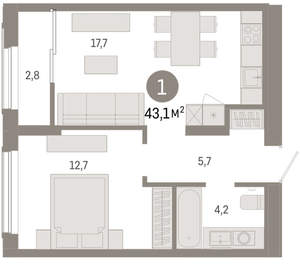 1-к квартира, вторичка, 43м2, 15/17 этаж