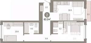 2-к квартира, вторичка, 63м2, 7/8 этаж