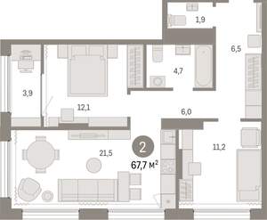 2-к квартира, вторичка, 68м2, 11/17 этаж