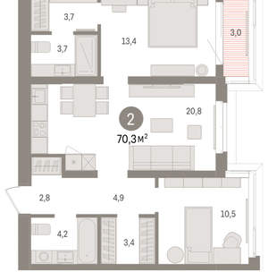 2-к квартира, вторичка, 70м2, 3/16 этаж