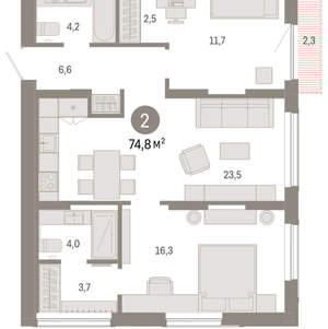 2-к квартира, вторичка, 75м2, 10/17 этаж