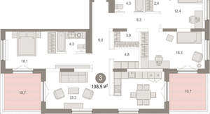 3-к квартира, вторичка, 139м2, 17/17 этаж