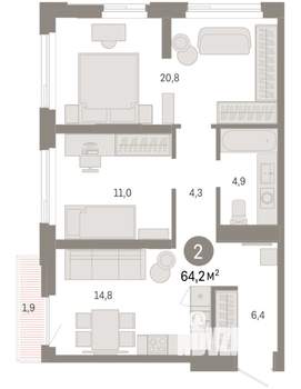 2-к квартира, вторичка, 64м2, 10/25 этаж