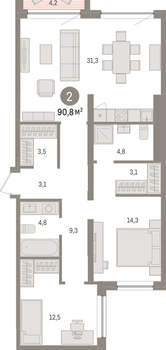 2-к квартира, вторичка, 91м2, 5/8 этаж