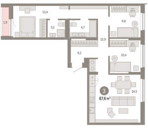 3-к квартира, вторичка, 86м2, 2/17 этаж