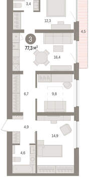 3-к квартира, вторичка, 77м2, 5/16 этаж