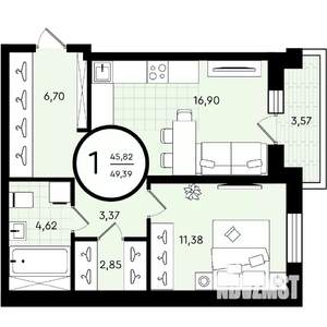 1-к квартира, строящийся дом, 49м2, 2/4 этаж