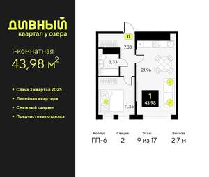 1-к квартира, вторичка, 44м2, 9/17 этаж