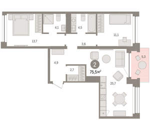 2-к квартира, вторичка, 76м2, 5/8 этаж