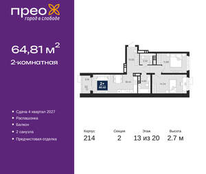 2-к квартира, вторичка, 65м2, 13/20 этаж