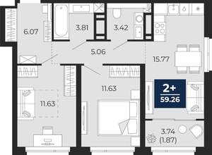 2-к квартира, вторичка, 57м2, 15/22 этаж