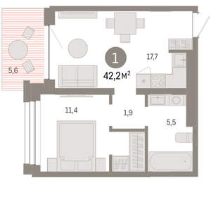 1-к квартира, вторичка, 42м2, 5/8 этаж