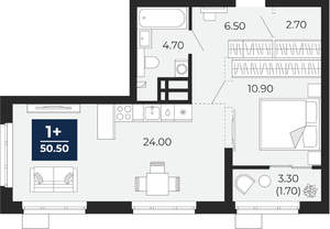1-к квартира, вторичка, 51м2, 10/24 этаж