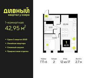 1-к квартира, вторичка, 43м2, 12/17 этаж