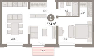 1-к квартира, вторичка, 57м2, 6/10 этаж