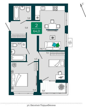 2-к квартира, вторичка, 64м2, 17/17 этаж