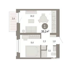 1-к квартира, вторичка, 35м2, 8/8 этаж