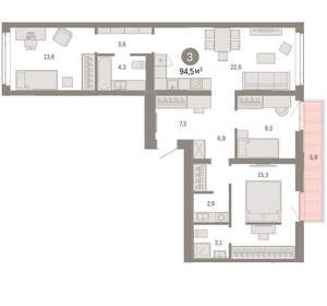 3-к квартира, вторичка, 94м2, 3/25 этаж