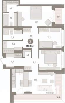 3-к квартира, вторичка, 116м2, 6/16 этаж