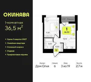 1-к квартира, вторичка, 37м2, 3/19 этаж