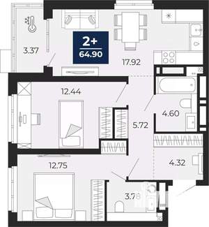 2-к квартира, вторичка, 65м2, 17/20 этаж