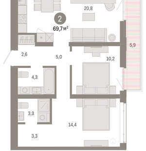 2-к квартира, вторичка, 70м2, 7/25 этаж