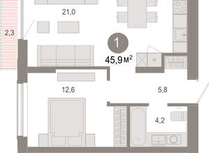 1-к квартира, вторичка, 46м2, 16/17 этаж