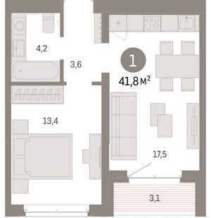 1-к квартира, вторичка, 42м2, 6/11 этаж