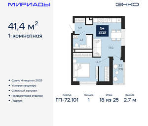 1-к квартира, вторичка, 41м2, 18/25 этаж