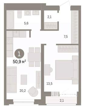 1-к квартира, вторичка, 51м2, 2/10 этаж