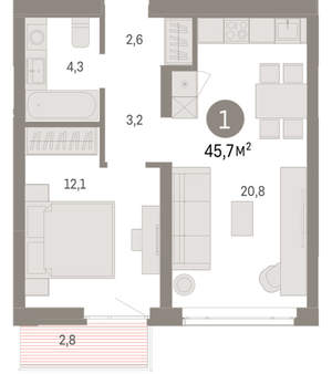 1-к квартира, вторичка, 46м2, 8/25 этаж