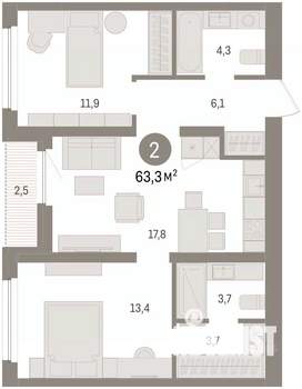 2-к квартира, вторичка, 63м2, 8/8 этаж