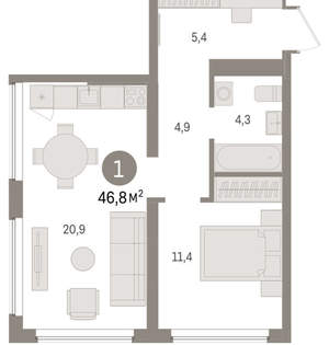 1-к квартира, вторичка, 47м2, 5/9 этаж
