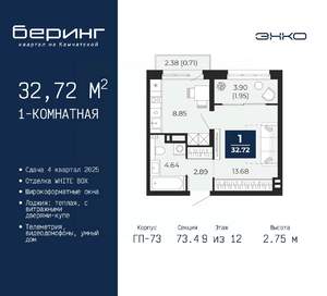 1-к квартира, вторичка, 33м2, 9/12 этаж