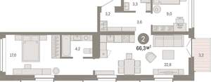 2-к квартира, вторичка, 66м2, 7/16 этаж