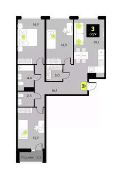 3-к квартира, вторичка, 89м2, 5/9 этаж
