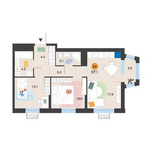 2-к квартира, вторичка, 55м2, 12/19 этаж