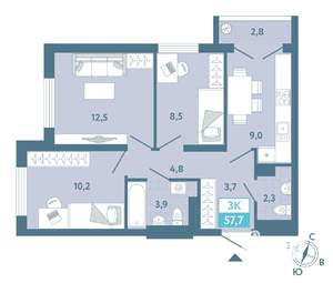 2-к квартира, строящийся дом, 58м2, 5/19 этаж