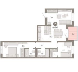 2-к квартира, вторичка, 85м2, 7/11 этаж